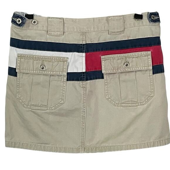 Tommy Jeans Vtg Y2K Mini Skirt Size 7 Khaki Blue Red Stripe Preppy Logo - Picture 1 of 8